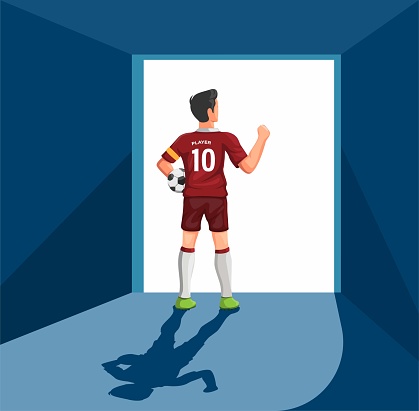 Soccer player standing in front door stadium ready to play match optimistic to win. concept in cartoon illustration vector