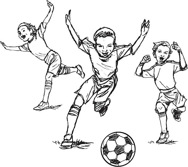 Soccer Players and Ball - Children Soccer. Vector illustration of a pencil rendering of Soccer Players and Ball. Compound paths. Use as positive image or reverse out of layout. Ghost art back as design element or color it. Check out my "Flaming Sports Balls and more" light box for more. black and white football stock illustrations