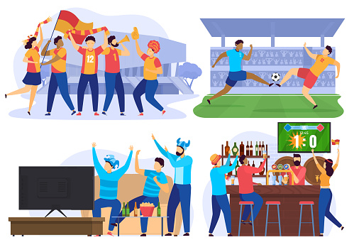 Soccer players and football fans cheering in bar, people cartoon characters, vector illustration