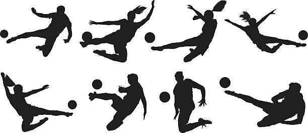 Soccer players kicking the ball vector art illustration