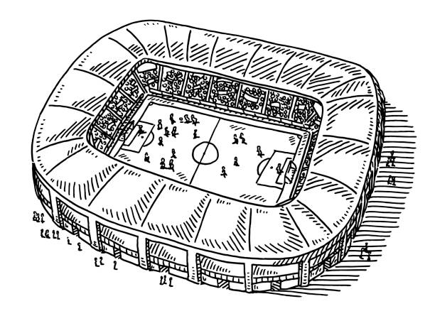 Soccer Stadium Drawing Hand-drawn vector drawing of a big Soccer Stadium. Black-and-White sketch on a transparent background (.eps-file). Included files are EPS (v10) and Hi-Res JPG. football clipart black and white stock illustrations