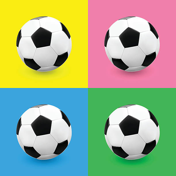 Soccerball / football set on colourful backgrounds Playful soccer balls set on colourful backgrounds - yellow, pink, green and blue. Vector illustration. background of a classic black white soccer ball stock illustrations