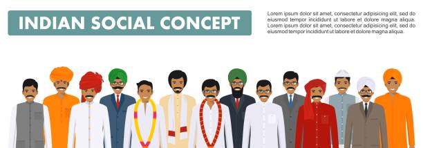 Social concept. Group indian people standing together in different traditional national clothes on white background in flat style. Vector illustration Indian men standing together in row in different traditional national clothes on white background in flat style. Flat design people characters. Social concept. turban hindou stock illustrations