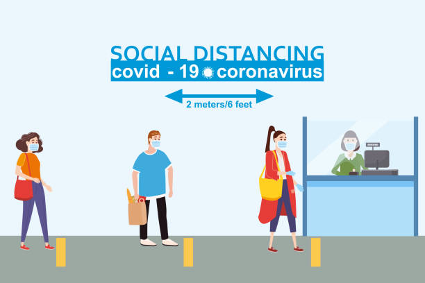 Social distancing and from COVID-19 coronavirus outbreak spreading concept prevention. Maintain a safe distance 2 meters from others at the supermarket bank pharmacy queues. Characters in queue bank. Vector isolated illustration Social distancing and from COVID-19 coronavirus outbreak spreading concept prevention. Maintain a safe distance 2 meters supermarket backgrounds stock illustrations
