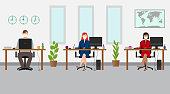 Social Distancing at the Office. People Working with Mask, Office desks are distant , flat design illustration vector. Face masks are in separate layer.