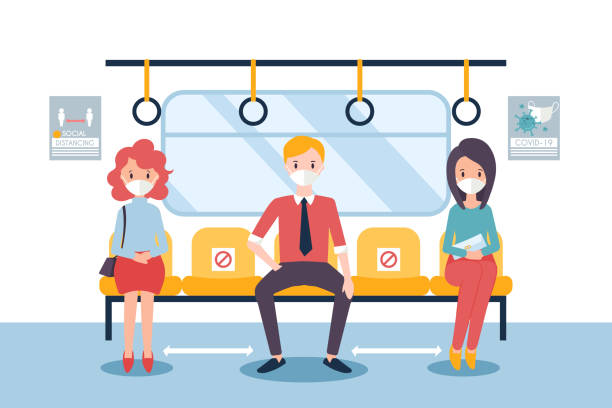 stockillustraties, clipart, cartoons en iconen met sociaal distantiërend concept voor covid-19 met mensen in een trein. - openbaar vervoer