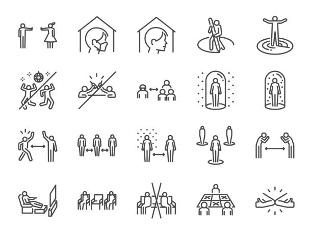 Social distancing line icon set. Included icons as self quarantine, stay home, protection, avoid crowded, space, area and more. Social distancing line icon set. Included icons as self quarantine, stay home, protection, avoid crowded, space, area and more. quarantine stock illustrations