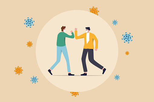 Social distancing, people keep distance and avoid physical contact, handshake or hand touch to protect from COVID-19 coronavirus spreading concept, people bump arm or elbow bump with virus pathogens