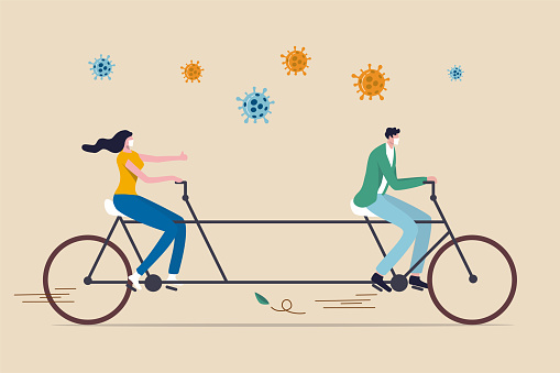 Social distancing, people keep distance in public to protect from COVID-19 Coronavirus outbreak spreading concept, couple man and woman keep distance away on tandem bicycle with Coronavirus pathogens.