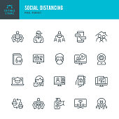 Social Distancing - thin line vector icon set. 20 linear icon. Pixel perfect. Editable outline stroke. The set contains icons: Social Distancing - Concept, Remote Work, Quarantine, Video Conference, Working At Home, Delivery Person, E-Learning, Leisure.