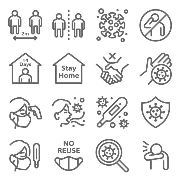 Social distancing to protect from coronavirus disease COVID-19 icon set vector illustration. Contains such icon as mask, quarantine, cough, self isolation, temperature check and more. Expanded Stroke  contamination stock illustrations