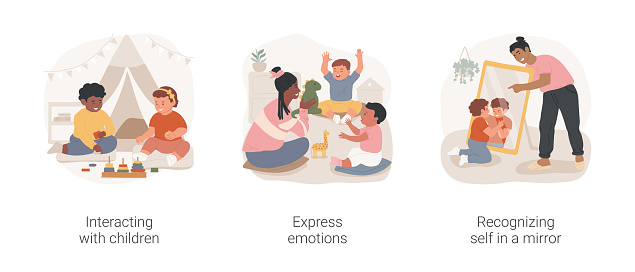 Social interaction in daycare center isolated cartoon vector illustration set.