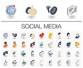 Isometric flat icon set. 3d vector colorful illustration with social media and digital technology symbols. Like, speech bubble, avatar, computer, web, mobile colorful pictogram Isolated on white