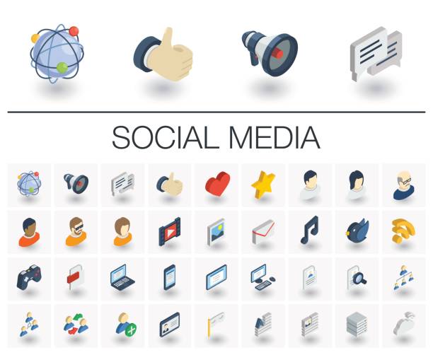 Social media and network isometric icons. 3d vector Isometric flat icon set. 3d vector colorful illustration with social media and digital technology symbols. Like, speech bubble, avatar, computer, web, mobile colorful pictogram Isolated on white 3d icons stock illustrations