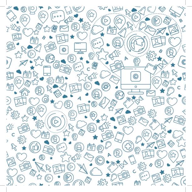 Social Media Blue Seamless Pattern Flat linear seamless pattern of social media, social networking, mobile app, sharing, communication, and social commerce. communication patterns stock illustrations