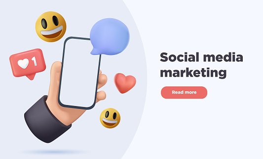 Social media concept. Marketing time. Realistic abstract 3d design. Cartoon style. In hand phone sends emoticons of emotions to friends. Mobile Template Social network. smile icon. Vector illustration