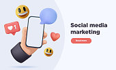 istock Social media concept. Marketing time. Realistic abstract 3d design. Cartoon style. In hand phone sends emoticons. 1353300152