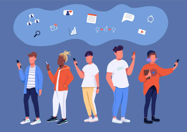 Social media culture flat concept vector illustration Social media culture flat concept vector illustration. Young people, generation Z teens with smartphones 2D cartoon characters for web design. Digital lifestyle, gen Z communication creative idea generation z stock illustrations