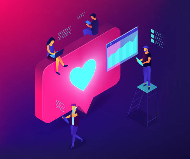 Social media engagement isometric 3D concept illustration. Social media specialists and analyst work with tablets and laptops and like. Social media engagement, in-platform messaging, SMM campaign concept. Ultraviolet neon vector isometric 3D illustration. email campaign stock illustrations