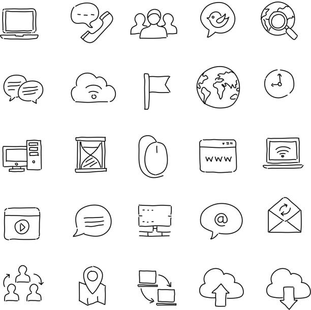 Social Media icons Drawing Line drawing of Social Media icons. Elements are grouped.contains eps10 and high resolution jpeg. laptop drawings stock illustrations