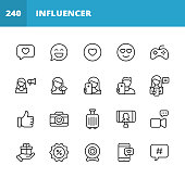 20 Social Media Influencer  Outline Icons. Social Media, Like Button, Text Message, Online Messaging, Notification, Mobile, Web Page, Love, Heart, Selfie, Photography, Woman, Photo, Emoticon, Digital Marketing, Discount, Promotion, Badge, Megaphone, Influence, Advertising, Video Call, Video Streaming, Live Stream, Live Event, Thumbs Up, Communication, Social Sharing, Hashtag, Gift, Video Game, Video Tutorial, Make Up, Webcam, Work From Home, Travel, Internet, Five Star, Luxury, Vacation, Content, Blogging, Writing, Customer Engagement.