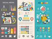 Social media infographic. Work people socializing like rating sharing vector graphic social design template. Social media stats information illustration