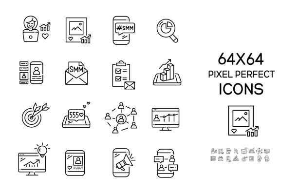 SMM social media marketing and content management related icons. Pixel perfect, editable stroke 64x64 icons set vector art illustration