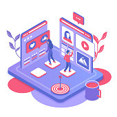 Social media marketing isometric vector illustration. Online digital platform for female and male bloggers. Advertising in internet with professional agency. SMM cartoon conceptual design element