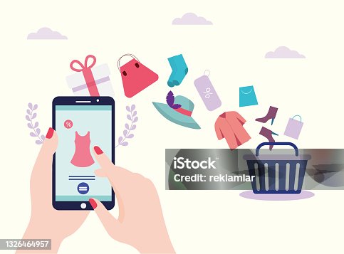 istock Social media marketing mobile phone with woman holding smartphone. Online shopping via mobile app. Online shopping via phone, Internet Store, Online Shopping Concept. 1326464957