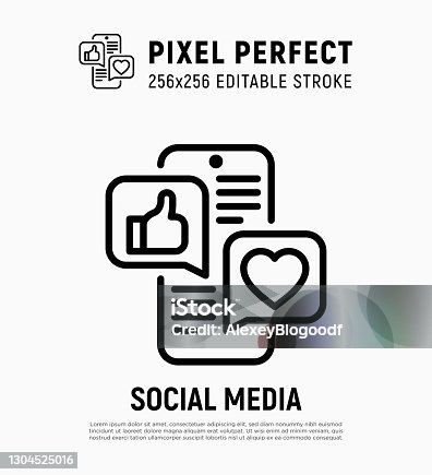 istock Social media marketing thin line icon: smartphone with speech bubbles that contains thumbs up, heart. Digital strategy. Pixel perfect, editable stroke. Vector illustration. 1304525016