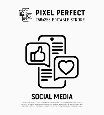 Social media marketing thin line icon: smartphone with speech bubbles that contains thumbs up, heart. Digital strategy. Pixel perfect, editable stroke. Vector illustration.