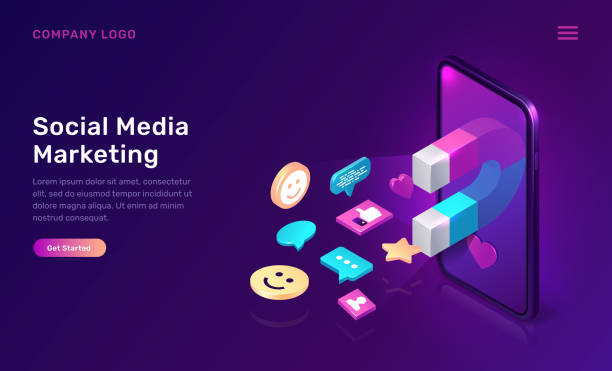 Social media marketing, viral mms isometric Social media marketing, viral mms, vector isometric concept. 3D mobile phone screen with large magnet attracting social media content icons, like and followers, chat messages, ultraviolet app web page social media icons vector stock illustrations