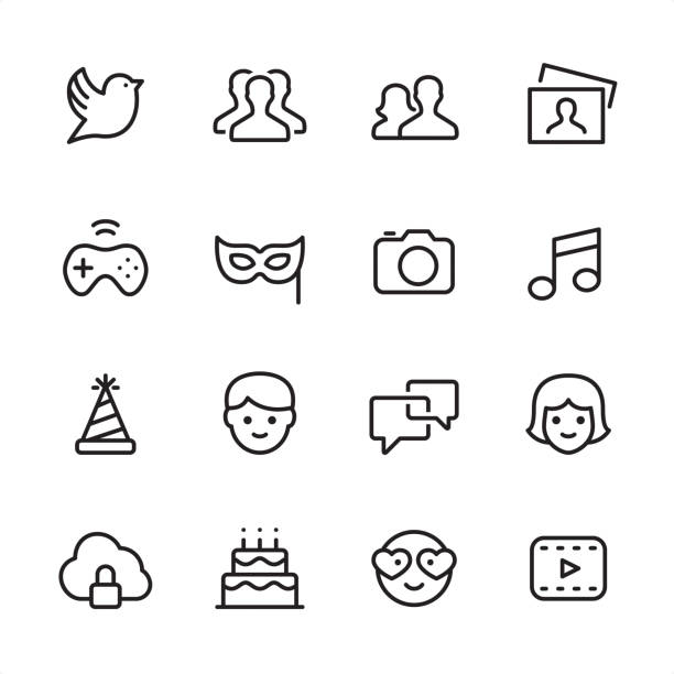 Social Media - outline icon set 16 line black and white icons / Set #43 / Social Media
Pixel Perfect Principle - all the icons are designed in 48x48pх square, outline stroke 2px.

First row of outline icons contains: 
Bird, Group of People (Team), Men and Women icon (Couple), Photography;

Second row contains: 
Gamepad, Mask - Disguise, Camera - Photographic Equipment, Musical Note;

Third row contains: 
Party Hat, Males, Speech Bubble, Females; 

Fourth row contains: 
Cloud Security icon, Birthday Cake, Love emoticon, Film Play icon.

Complete Inlinico collection - http://www.istockphoto.com/collaboration/boards/2MS6Qck-_UuiVTh288h3fQ bird symbols stock illustrations