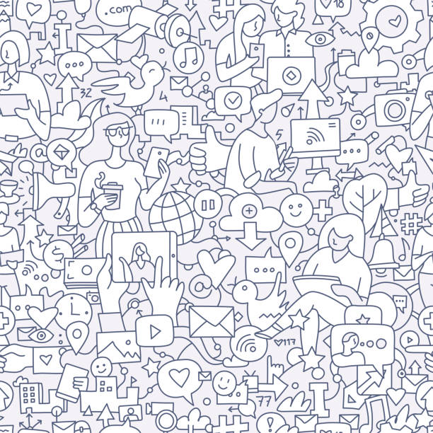 Social Media Seamless Doodle Pattern Social media seamless doodle pattern. People using internet and mobile devices to communicate. Modern communication technology background communication designs stock illustrations
