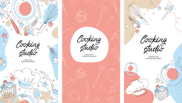 Social media templates. Culinary products and cooking utensils. Social media templates. Culinary products and cooking utensils. Cupcakes, plates, spoons, cook hat. Culinary master class, studio, logo. Continuous line. cooking class stock illustrations