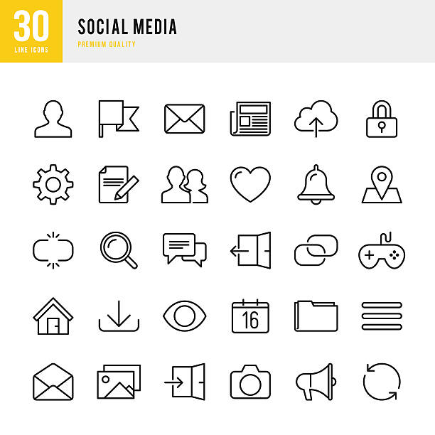 Social Media - Thin Line Icon Set Social media set of 30 line vector icons. looking at view photos stock illustrations
