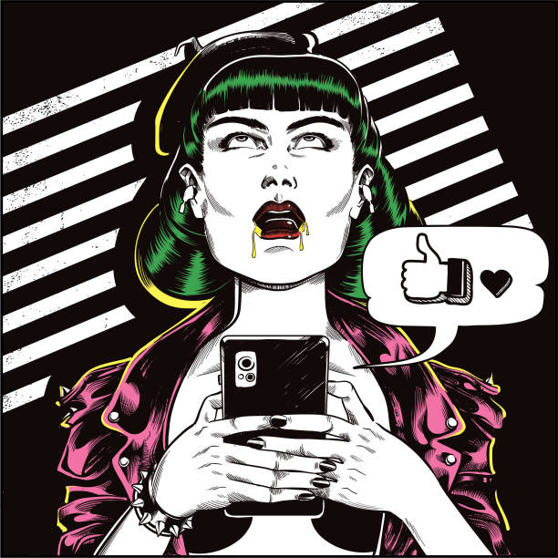 Social media zombie Girl with her mobile phone illustration person hypnotized by mass media stock illustrations