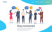 Social Network Landing Page Template. Group of Young People Characters Chatting Using Smartphone for Website or Web Page. Virtual Communication Concept. Vector illustration. Relationship online dating