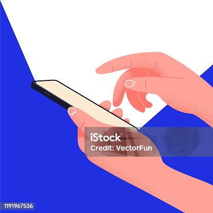istock Social network life on your phone. Hand holding smartphone editable mockup. Place text into the illustration. Office life, play with phone instead of working. Waste time by hanging on social platforms 1191967536