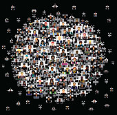 Social network scheme, which contains multicolored vector icons in the form of jigsaw puzzle pieces.