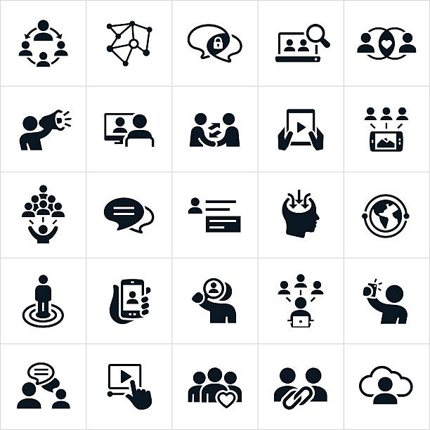 Social Networking Icons A set of social media or social networking icons. The icons visually represent common social networking themes and the technology that connects social interactions. selfie symbols stock illustrations