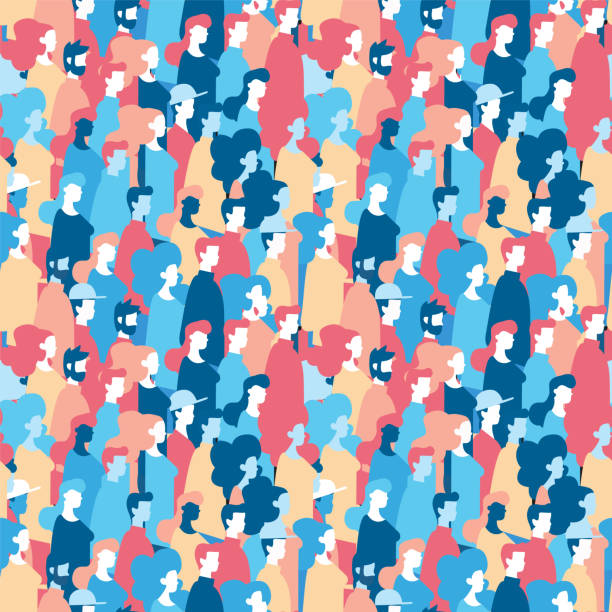 Social people group seamless pattern background Social community seamless pattern of diverse people group in modern style, colorful crowd loop background with mixed men and women. EPS10 vector. people designs stock illustrations