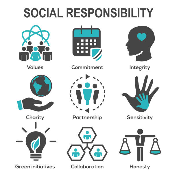 ilustrações de stock, clip art, desenhos animados e ícones de social responsibility outline icon set with honesty, integrity, collaboration, etc - social responsibility