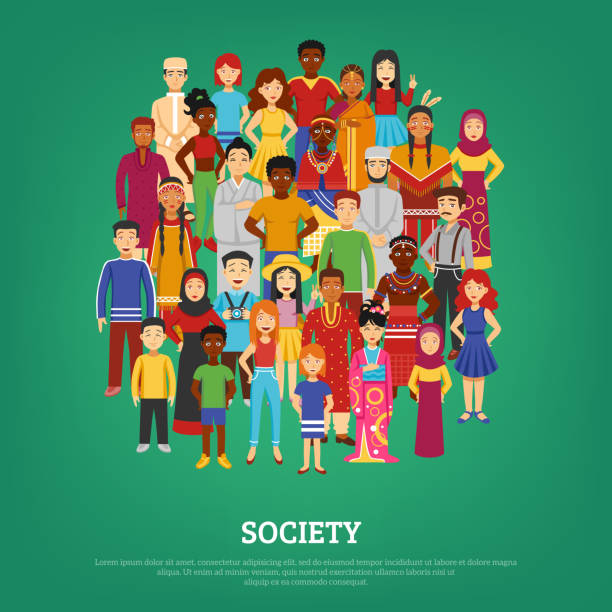 society World society and nations concept on green background flat vector illustration different cultures stock illustrations