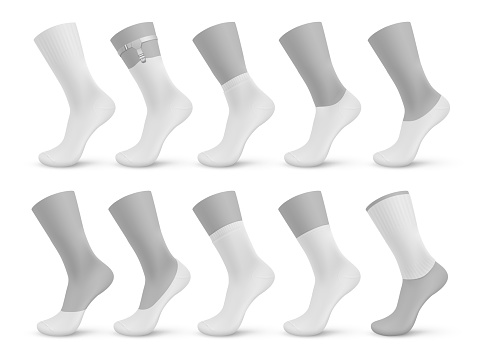 Socks types. Realistic blank different pairs of stocking, 3D templates set of no-show, low-cut, ankle, mid calf, over the calf. Products on mannequins with shadow vector isolated illustration
