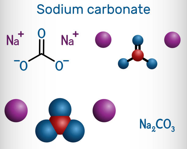 węglan sodu, na2co3, węglan natrium, soda myjąca, cząsteczka sody kalcynowanej. jest to sól disodowa kwasu węglowego, jest organiczną solą sodową, solą węglanową. wzór strukturalny, model cząsteczkowy - soda stock illustrations