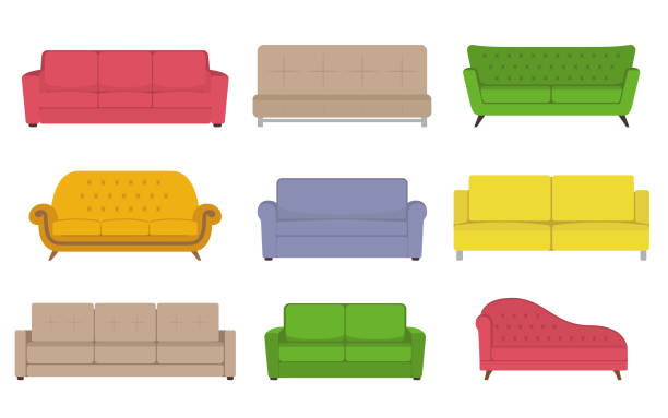 illustrazioni stock, clip art, cartoni animati e icone di tendenza di set vettoriale colorato del divano. collezione di illustrazione del divano. - sofa