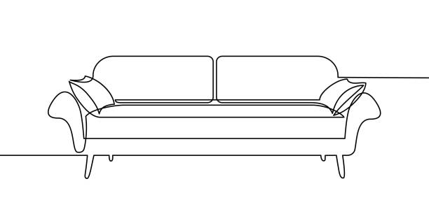 Sofa Sofa in continuous line art drawing style. Couch with two pillows. Home furniture black linear design isolated on white background. Vector illustration bed furniture drawings stock illustrations