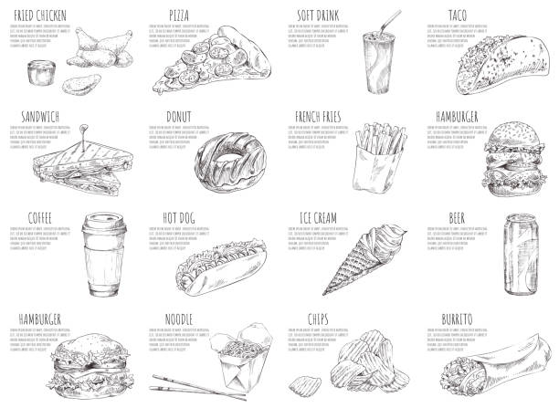 Soft Drink and Italian Pizza Vector Illustration Soft drink and italian pizza sketches on posters. Hamburgers and fried chicken served with sauce. Ice cream and noodles in box vector illustration sandwich drawings stock illustrations