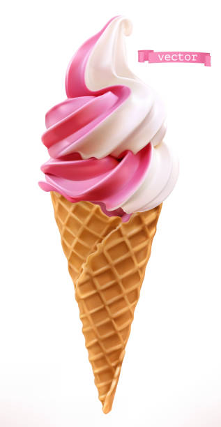 yumuşak gofret tarzı koni dondurma hizmet vermektedir. 3d gerçekçi vektör simgesi - ice cream stock illustrations